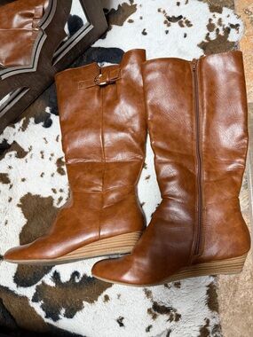 Women's Cognac Leather Mid-Calf Wedge Boots with Buckle